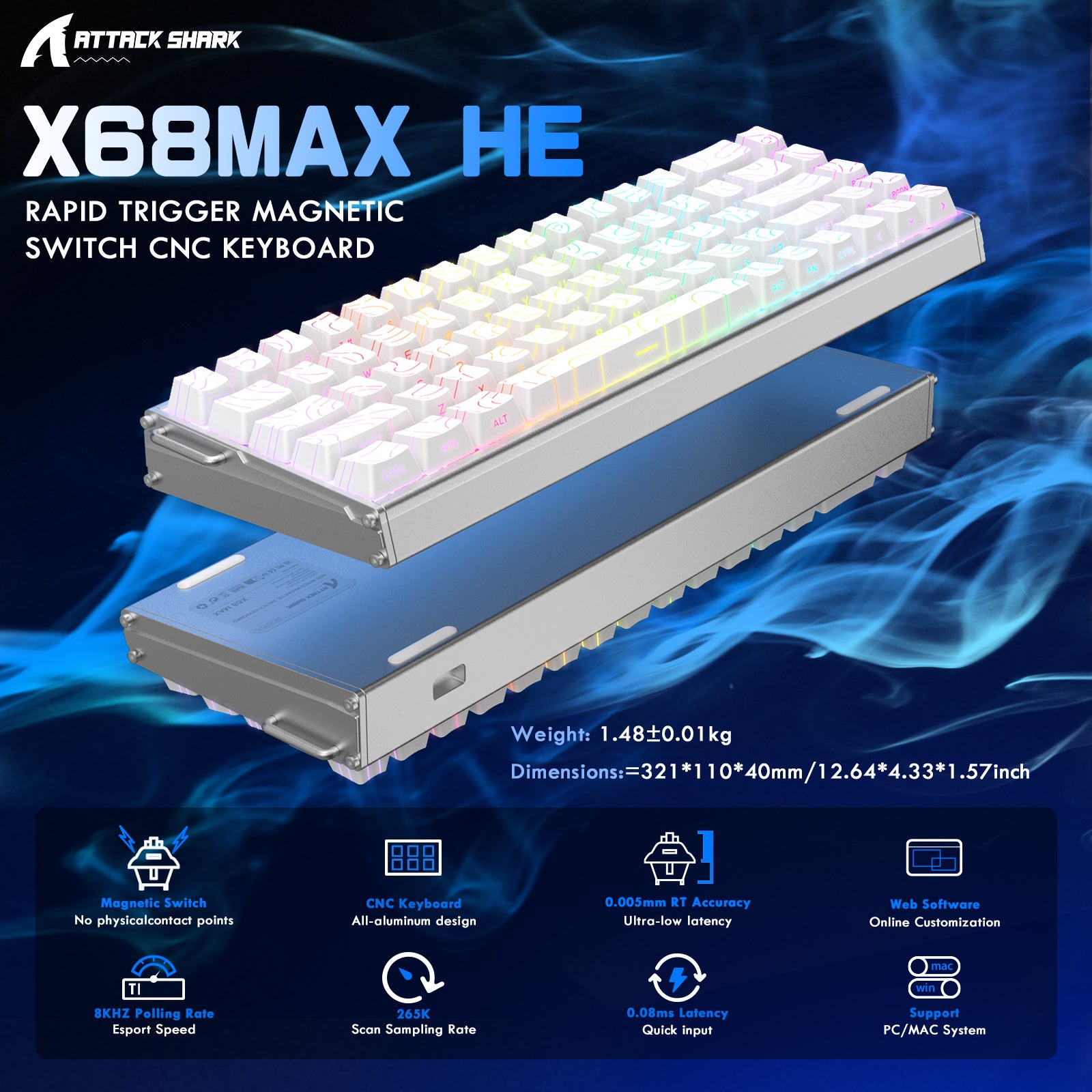 Teclado CNC de aluminio ATTACK SHARK X68MAX HE Rapid Trigger con interruptor magnético y cable en espiral RGB C01Ultra