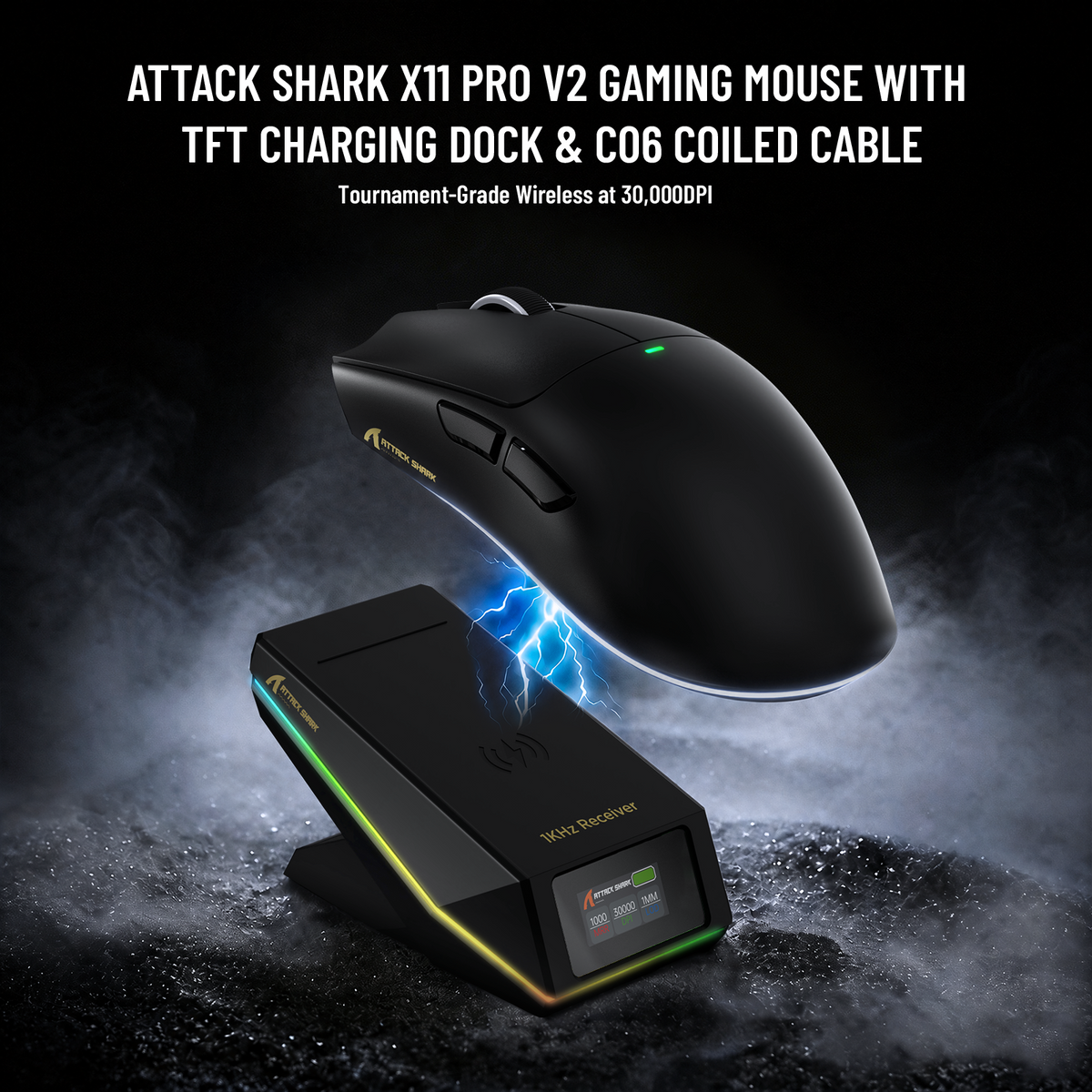 Ratón inalámbrico para juegos ATTACK SHARK X11 PRO V2 con pantalla TFT y base de carga con cable en espiral C06