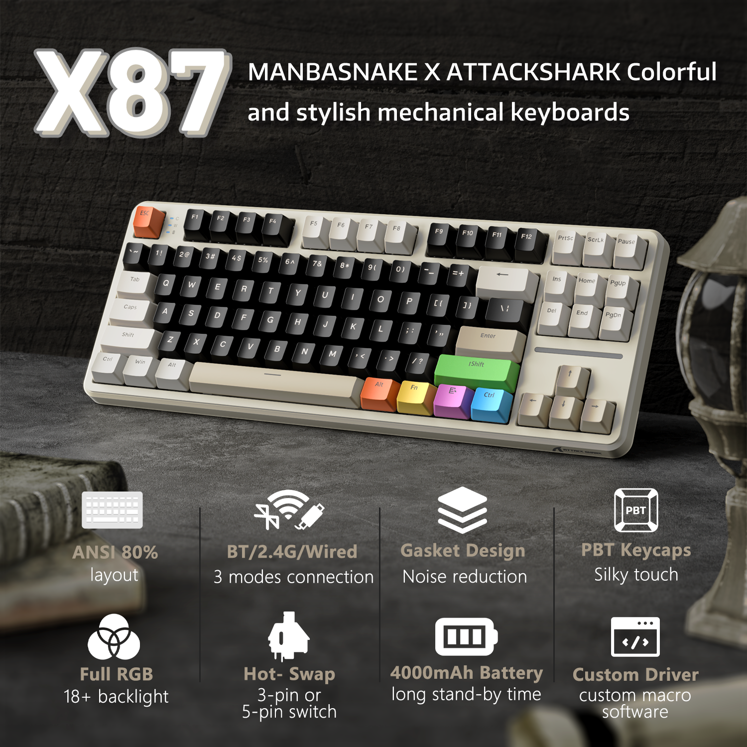 ATTACK SHARK X87 Teclado Mecánico Tri-modo con Junta