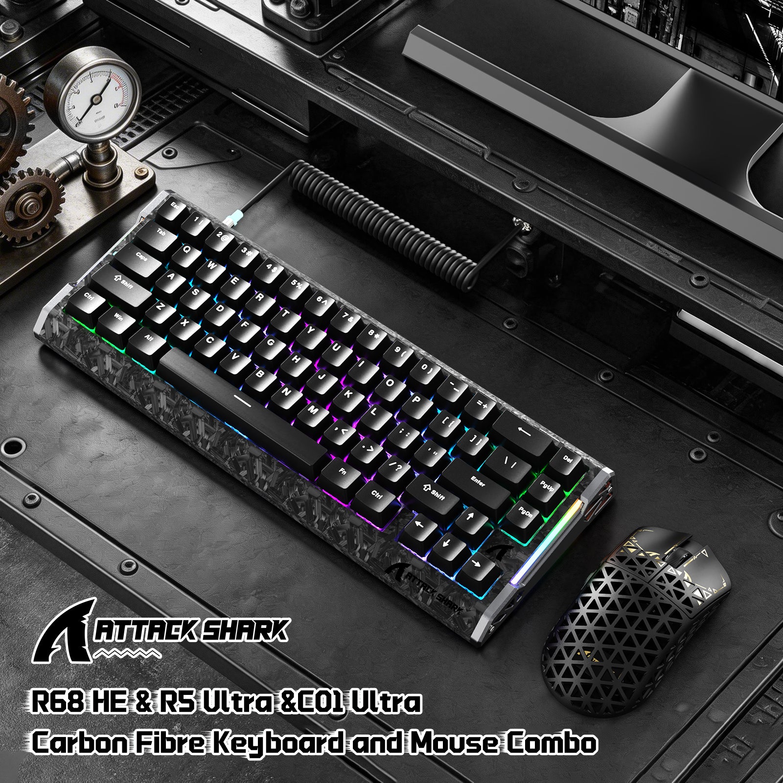 Paquete gaming ATTACK SHARK R68 HE & R5 ULTRA de fibra de carbono con cable en espiral C01 ULTRA