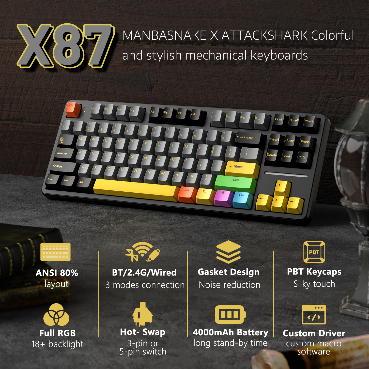 ATTACK SHARK X87 Teclado Mecánico Tri-modo con Junta