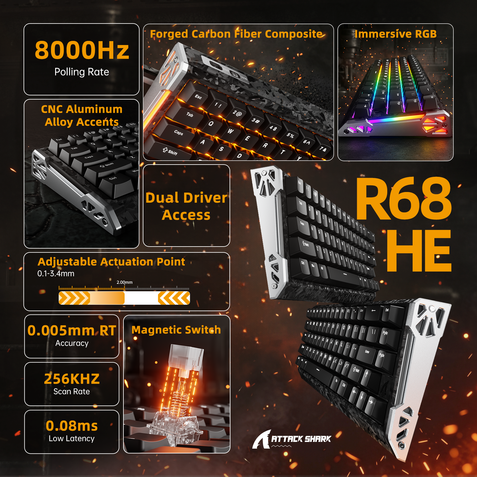 Teclado ATTACK SHARK R68 HE Rapid Trigger de fibra de carbono con interruptor magnético