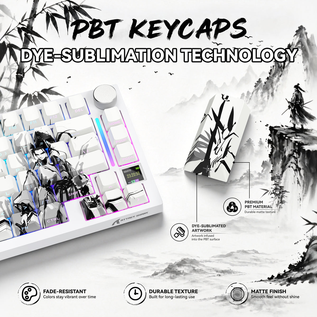 ATTACK SHARK SK02, 129 teclas, teclas PBT con impresión lateral, ANSI/ISO, caballero andante