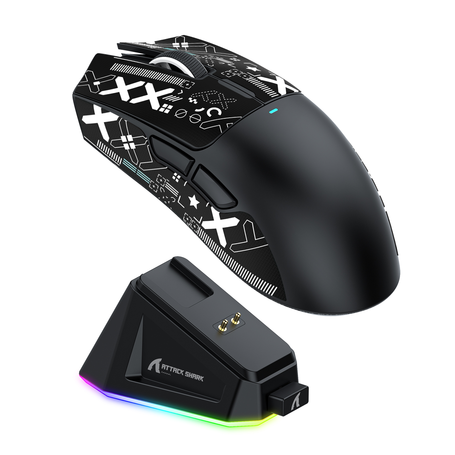 Black ATTACK SHARK X11 wireless gaming mouse with decorative white graphics and a black charging dock with RGB lighting.