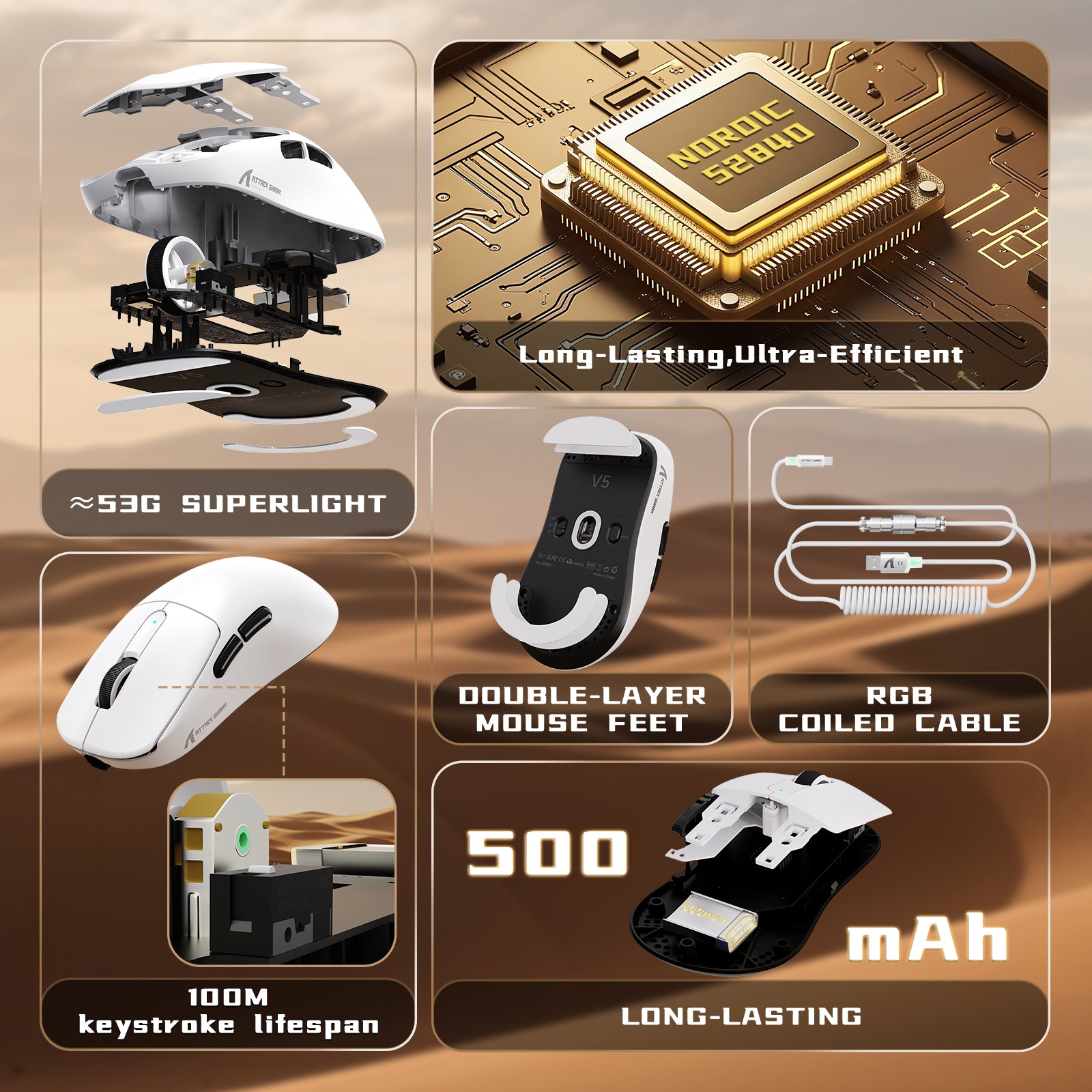 Ratón gaming inalámbrico ATTACK SHARK V5 8KHz PAW3950MAX con cable C06 Ultra