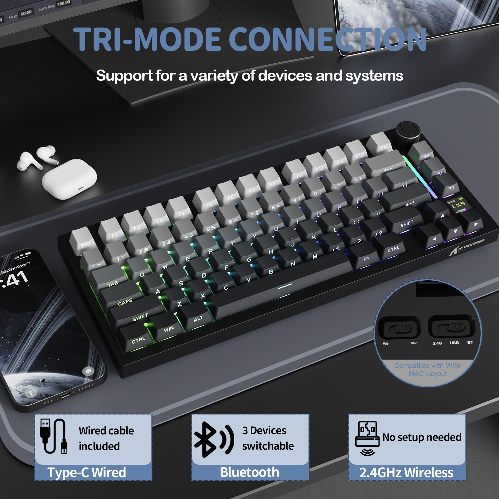 Teclado mecánico tri-modo ATTACK SHARK X820Ultra con junta