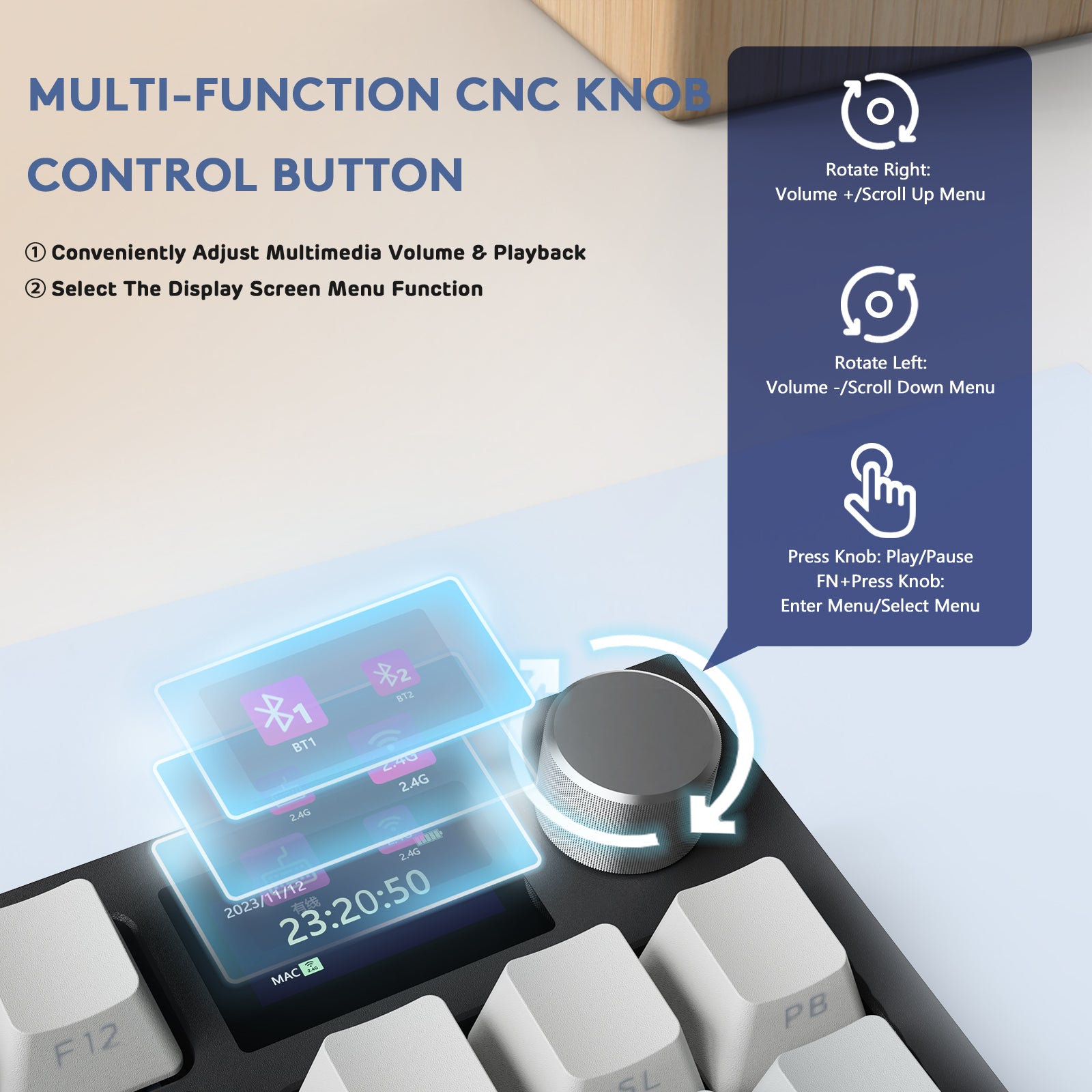 ATTACK SHARK K86PRO wireless mechanical keyboard's multi-function CNC knob controls volume, playback, and display menus.