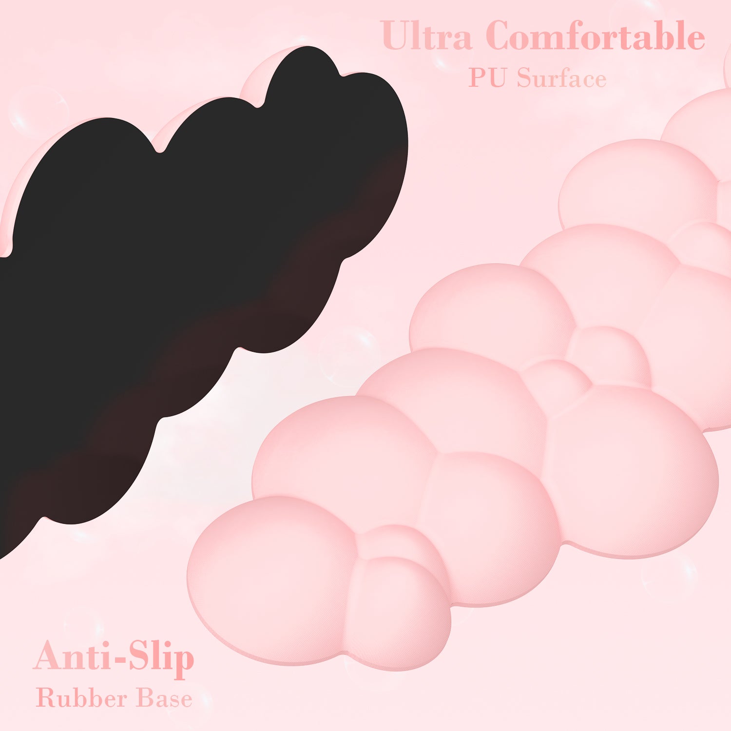 Black and pink cloud-shaped wrist rests with anti-slip base and soft PU surface.