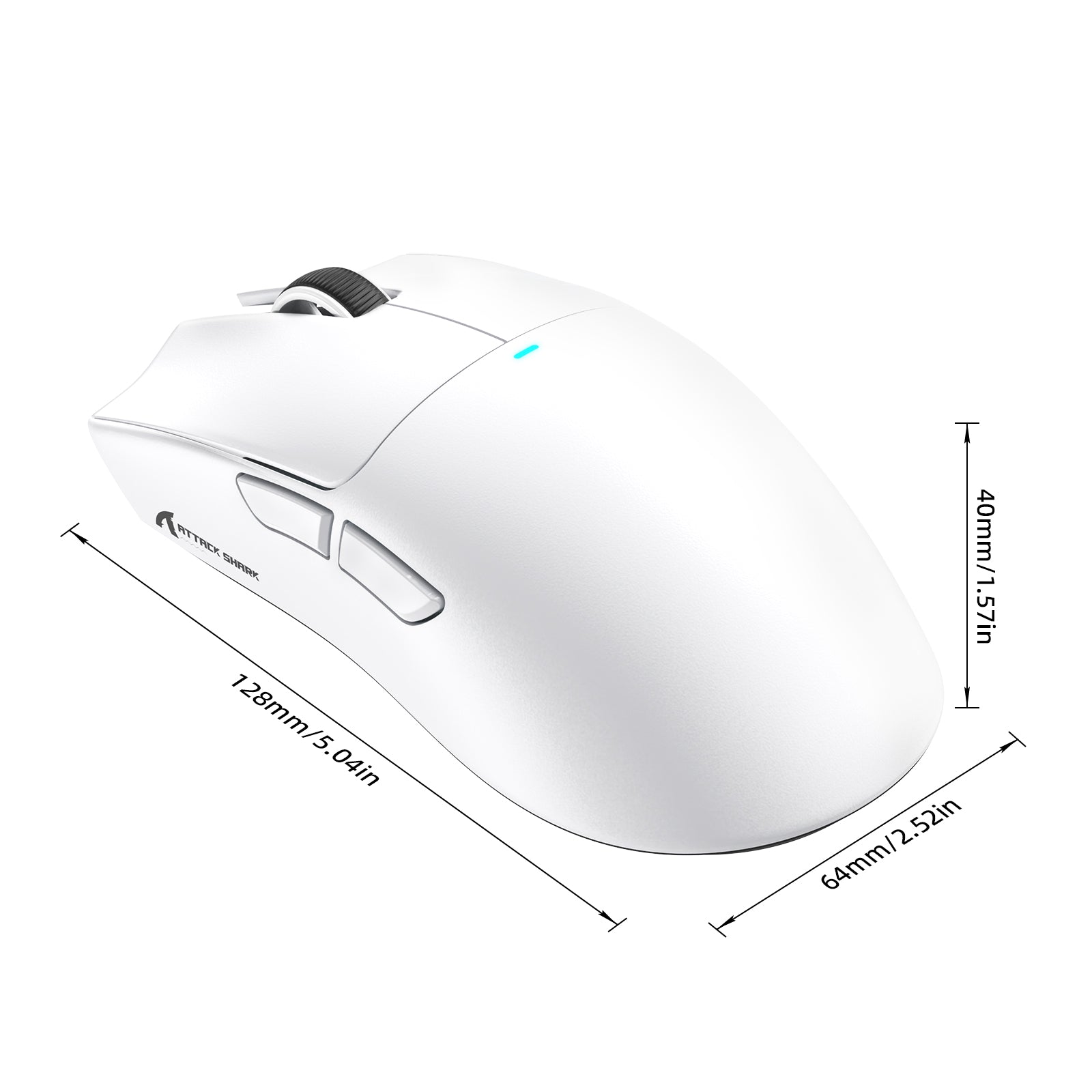 White ATTACK SHARK X11 PRO V2 wireless gaming mouse with ergonomic shape, 128 x 64 x 40mm