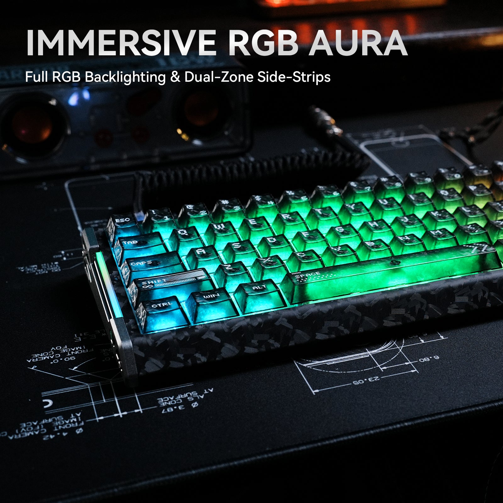 ATTACK SHARK R68 HE Carbon Fiber Wired keyboard with dynamic RGB backlighting and dual-zone side strips.