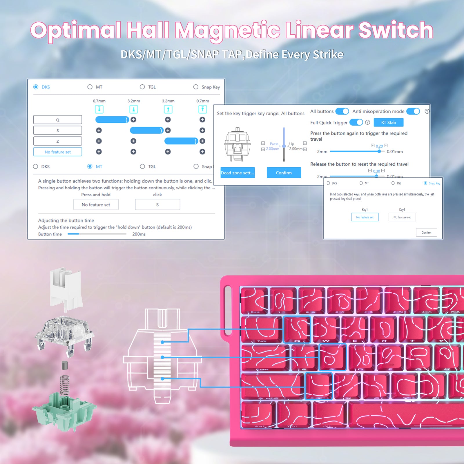 ATTACK SHARK X68 HE keyboard with Hall Effect switches, customizable trigger range, pink keycaps