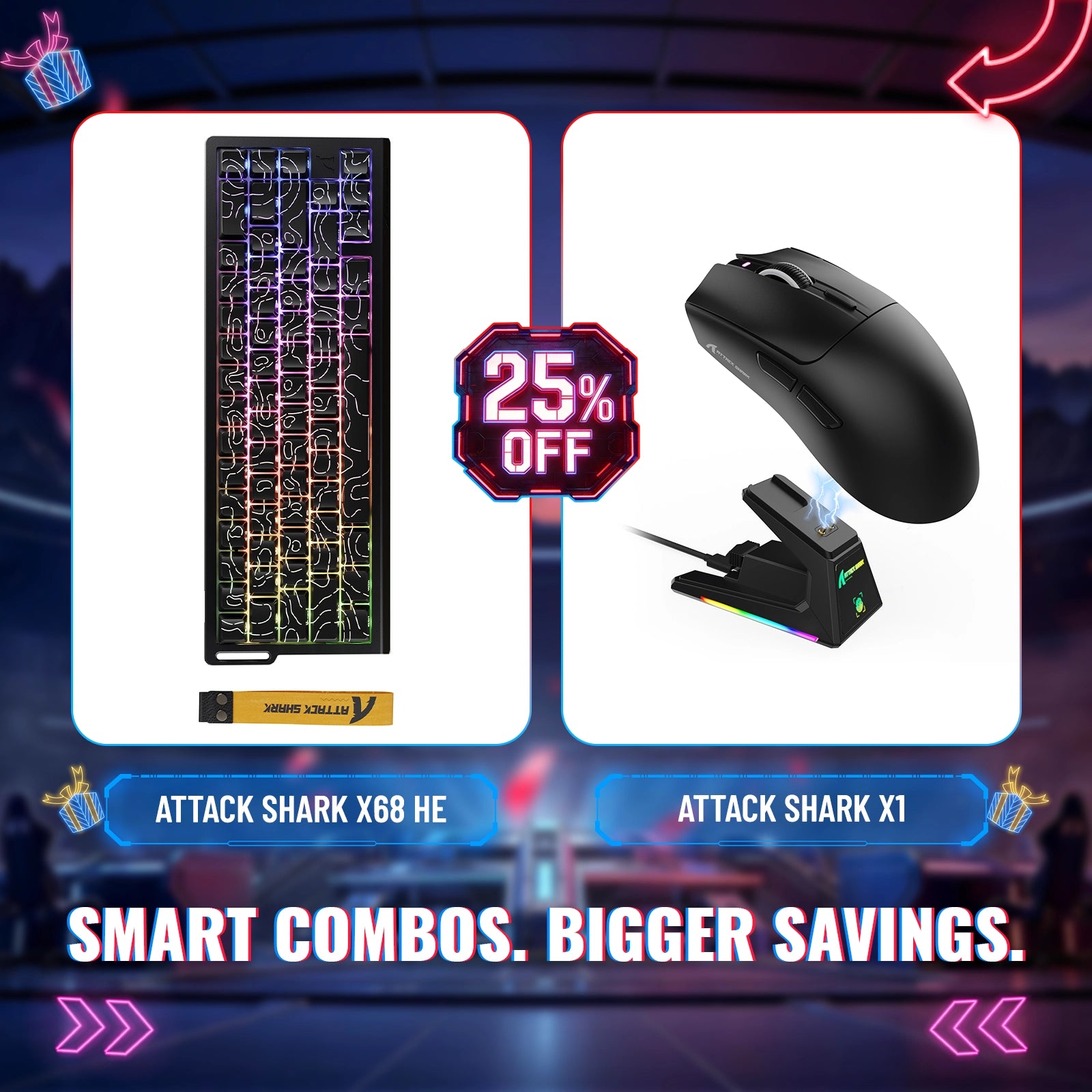 Paquete de teclado de disparo rápido ATTACK SHARK X68HE + ratón inalámbrico para juegos X1