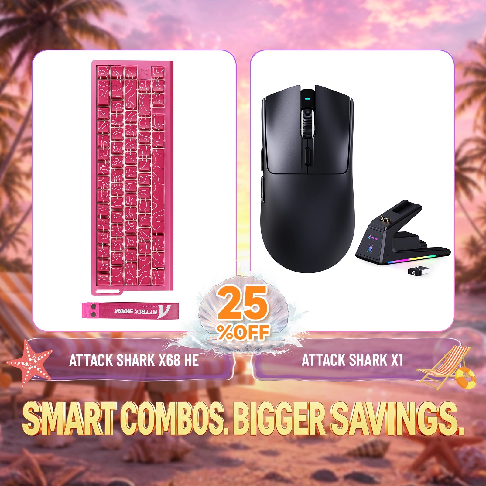ATTACK SHARK X68 HE pink mechanical keyboard bundle with black wireless gaming mouse, 25% off
