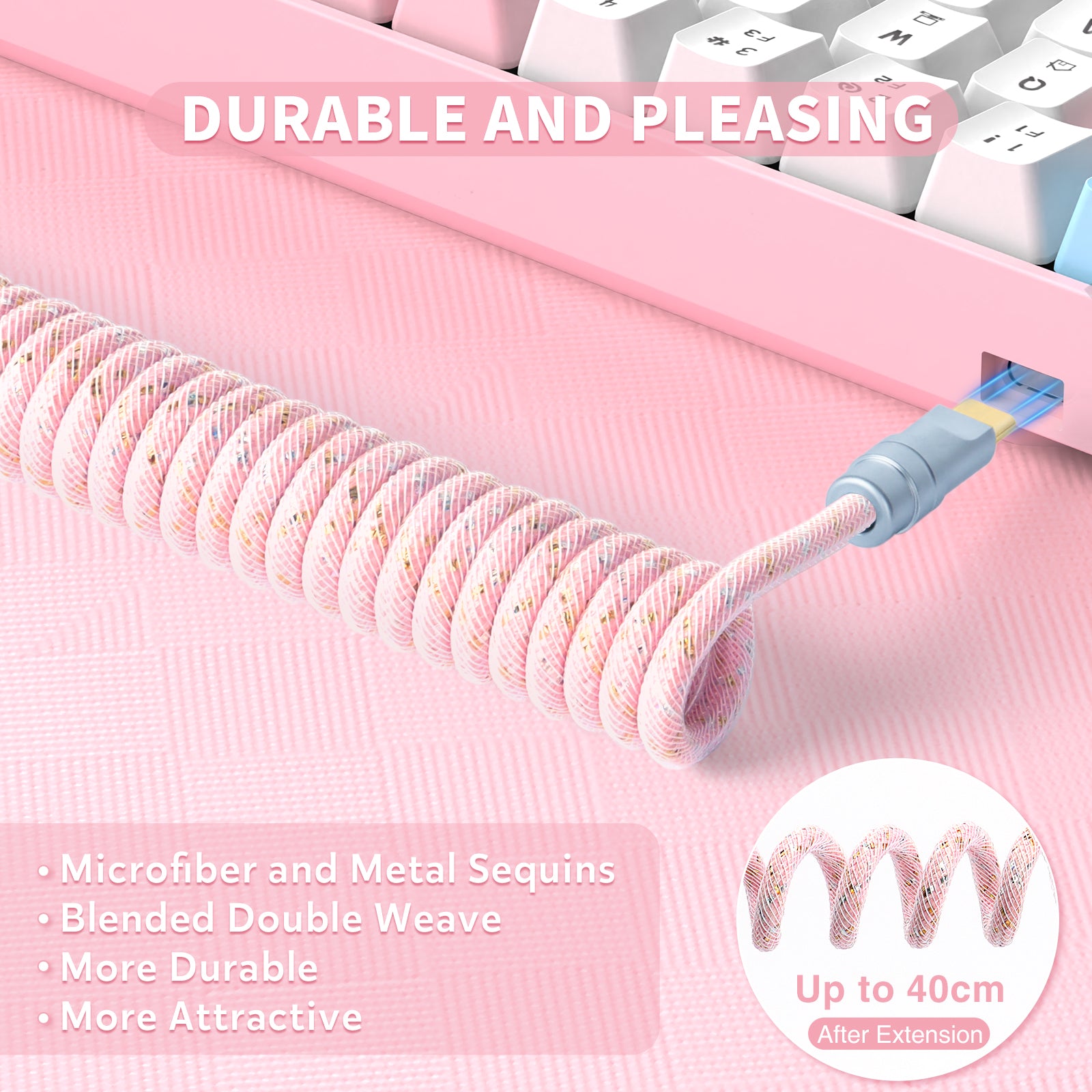 Pink coiled USB-C cable with gold and silver sequins, connected to a device.