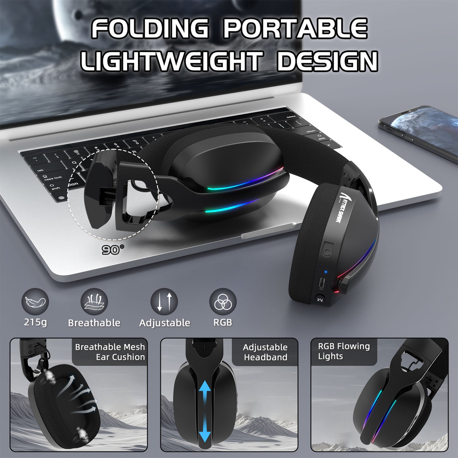 ATTACK SHARK L90 Auriculares para Juegos Plegables RGB Ultra-Ligeros Tri-Mode