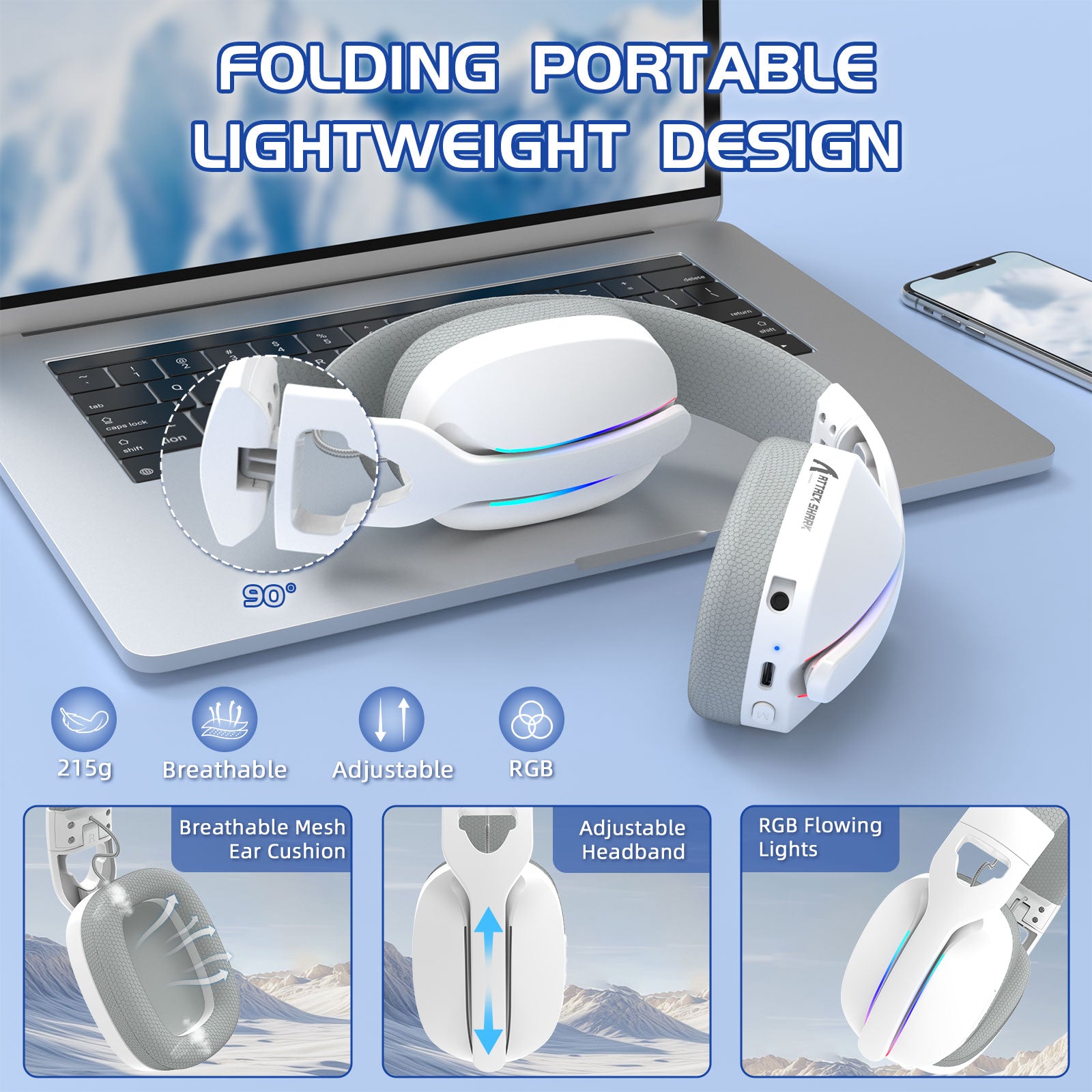 ATTACK SHARK L90 Auriculares para Juegos Plegables RGB Ultra-Ligeros Tri-Mode