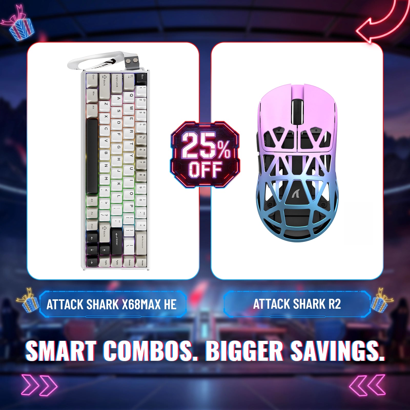 Paquete de teclado de aluminio ATTACK SHARK X68MAX HE con gatillo rápido y ratón inalámbrico para juegos R2 de aleación de magnesio