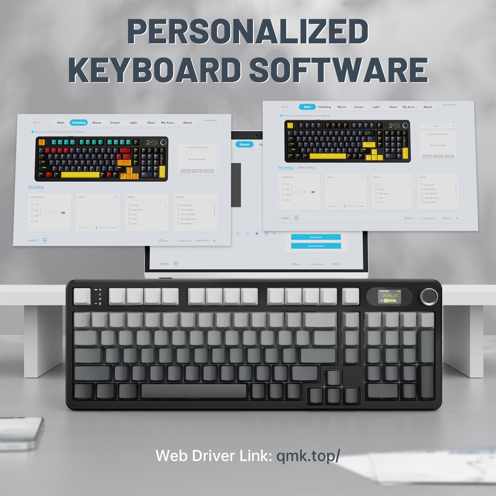 ATTACK SHARK X98PRO keyboard software interface with LED screen display and customization options. Web Driver Link: qmk.top/