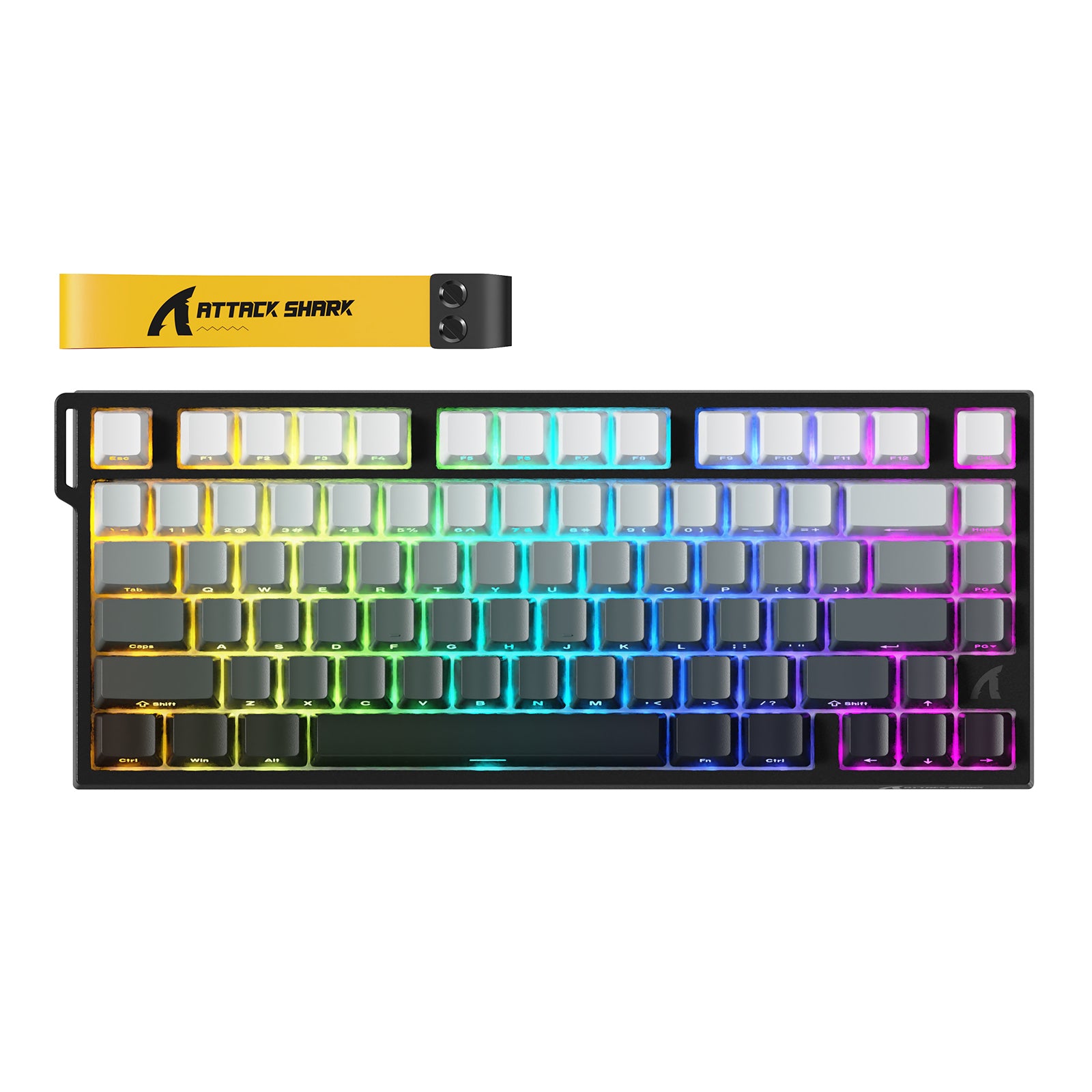 Attack Shark gaming keyboard with RGB lighting and detachable yellow wrist rest.