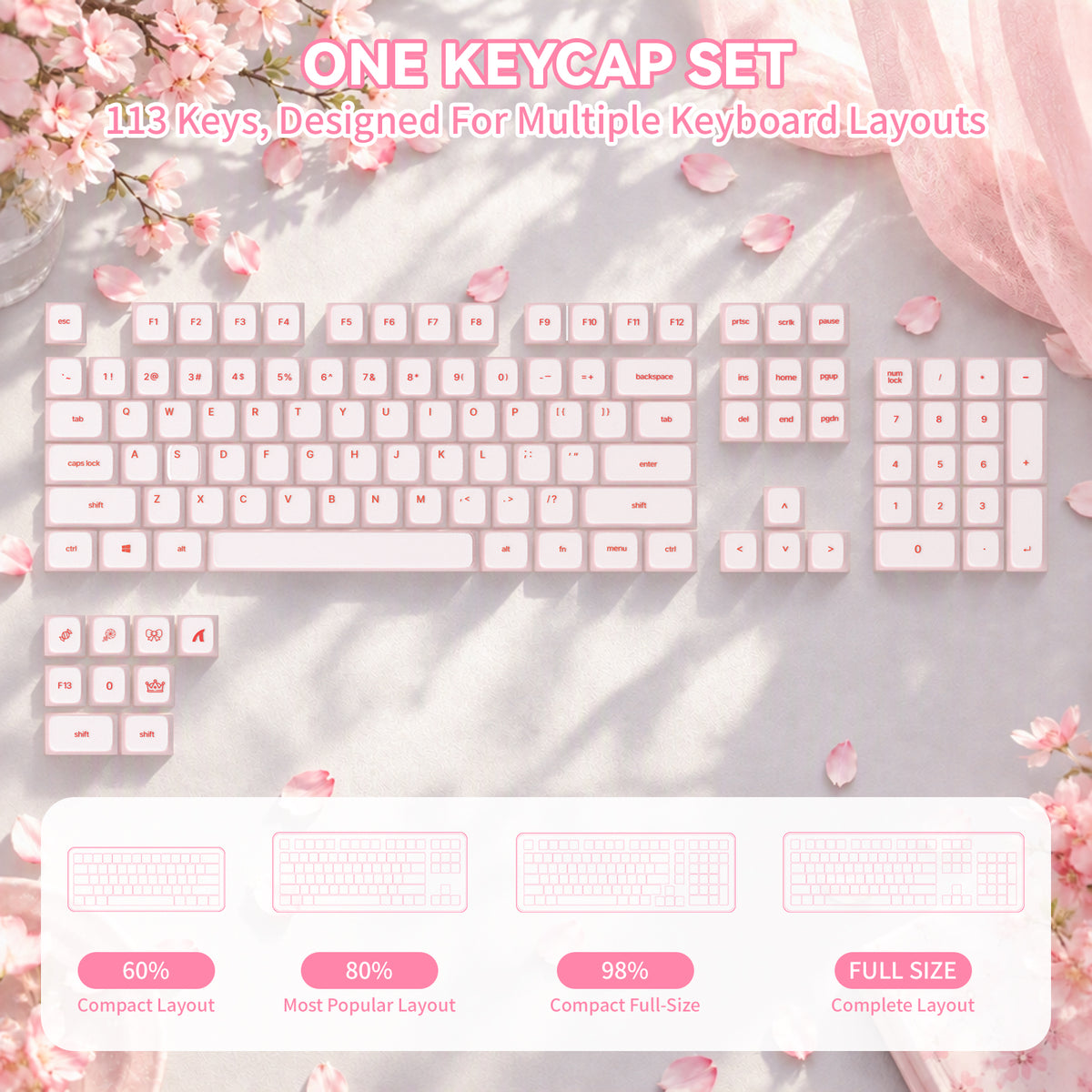 ATTACK SHARK SK01, juego de 113 teclas con teclas de silicona, perfil Cherry, ANSI, rosa