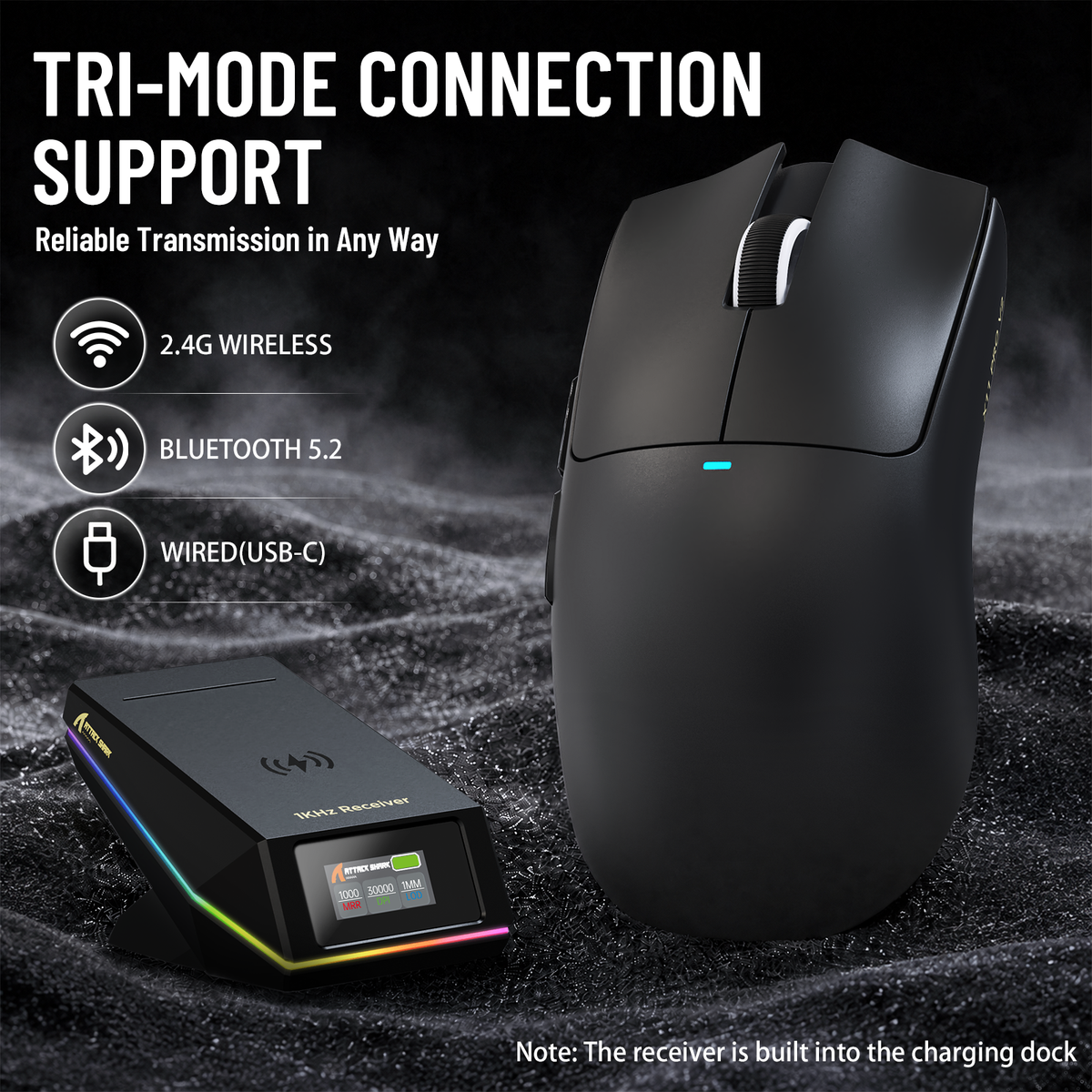 Ratón inalámbrico para juegos ATTACK SHARK X11 PRO V2 con pantalla TFT y base de carga con cable en espiral C06