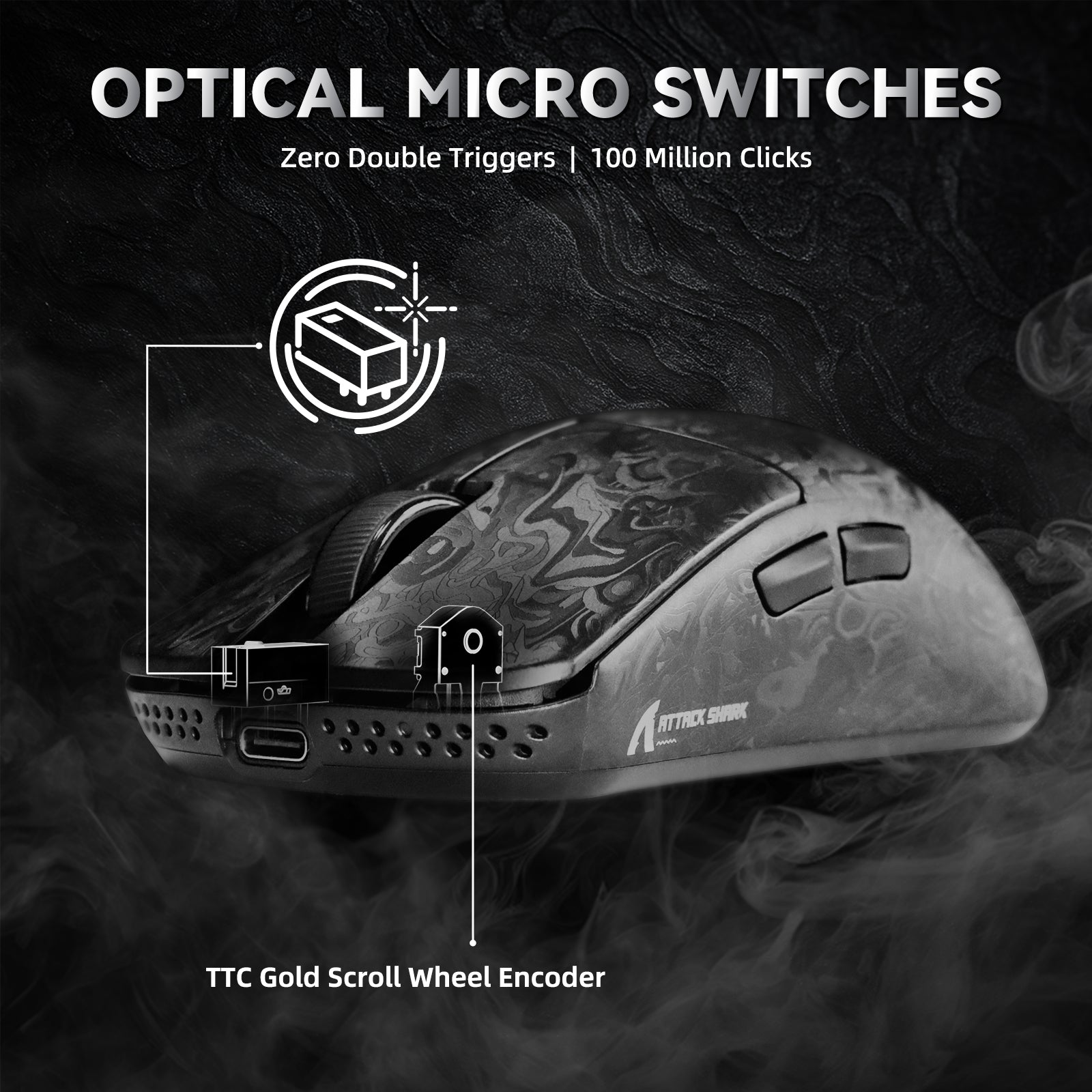 Ratón para juegos inalámbrico ATTACK SHARK R11 ULTRA Carbon Fiber 8K PAW3950MAX con cable LED Ultra C06