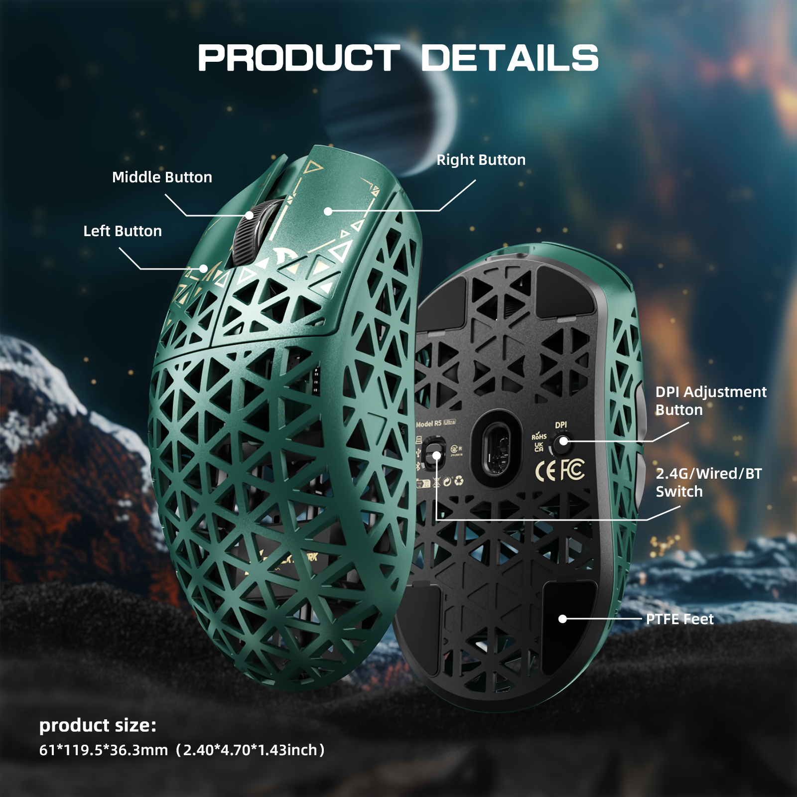 Ratón para juegos inalámbrico ATTACK SHARK R5 ULTRA de fibra de carbono 8K PAW3950MAX