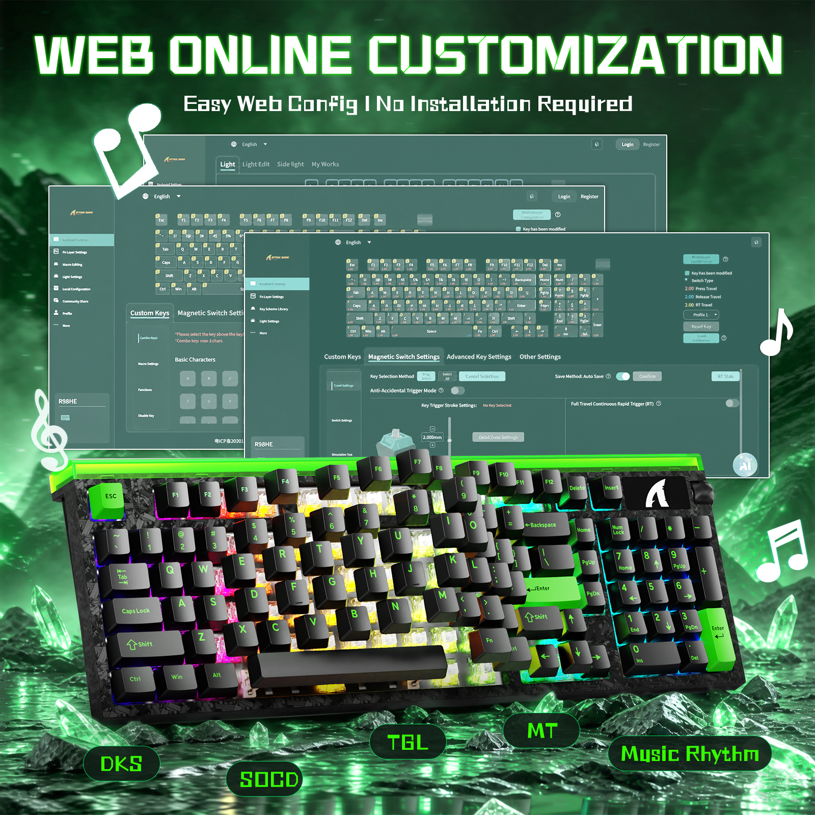 Teclado con cable ATTACK SHARK R98 HE de fibra de carbono, gatillo rápido, interruptor magnético y cable en espiral C01 Ultra RGB