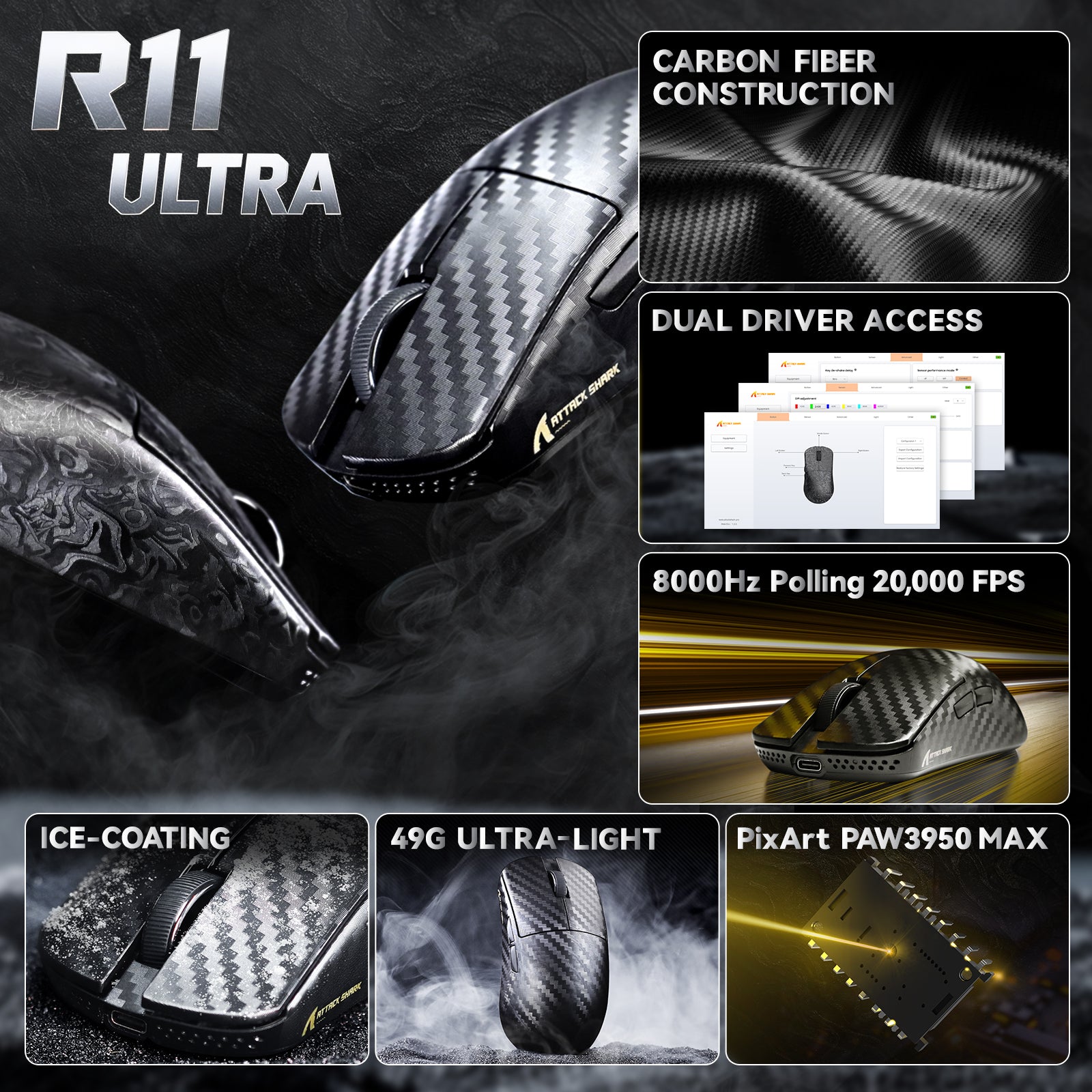 Ratón para juegos inalámbrico ATTACK SHARK R11 ULTRA Carbon Fiber 8K PAW3950MAX con cable LED Ultra C06