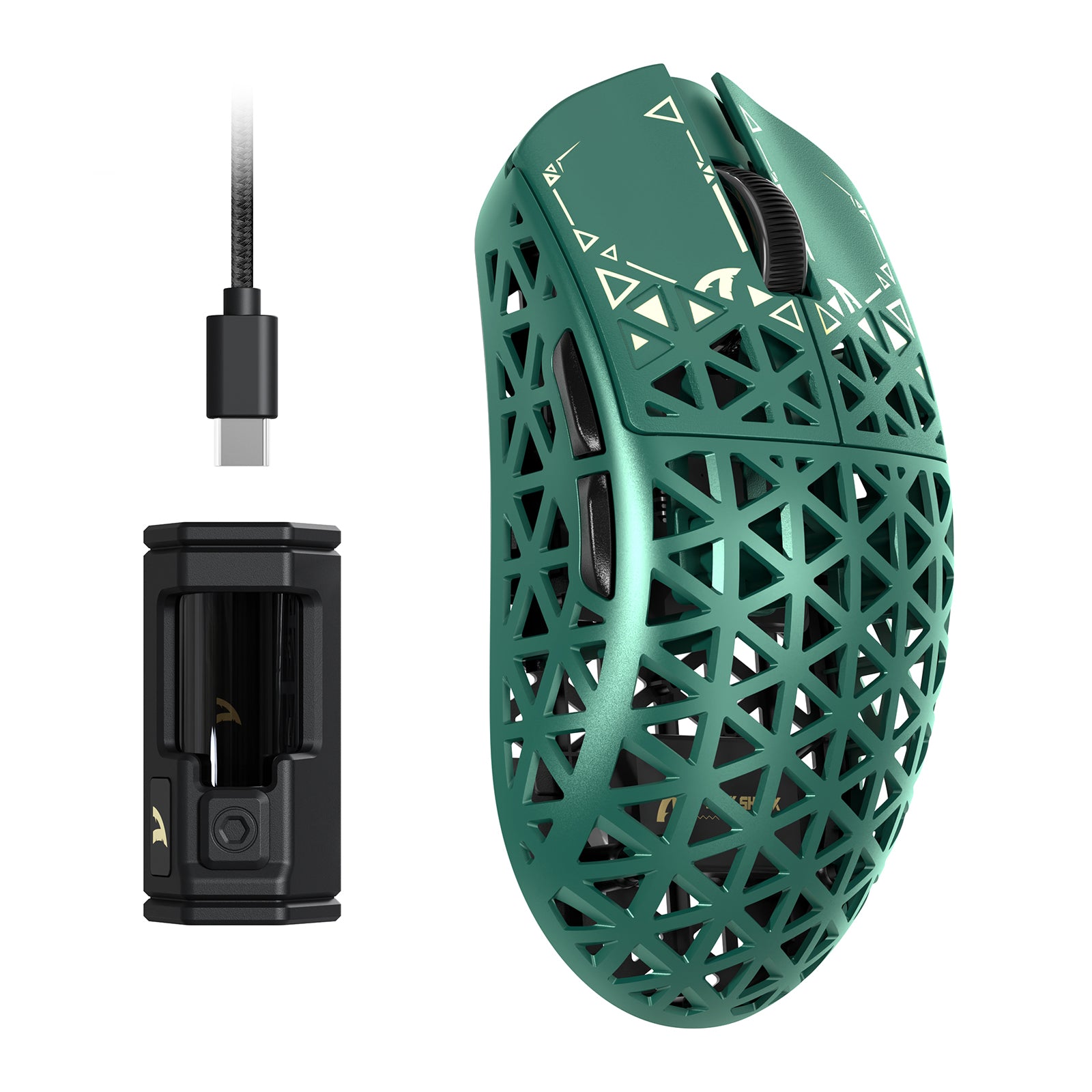 ATTACK SHARK R5 ultra-light carbon fiber gaming mouse, green, with honeycomb design, and USB-C cable and receiver.