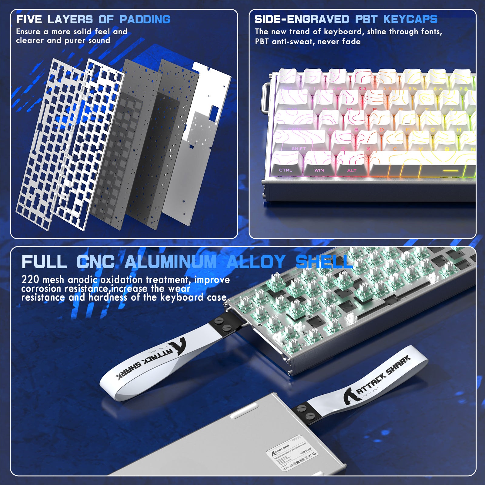 Teclado CNC de aluminio ATTACK SHARK X68MAX HE Rapid Trigger con interruptor magnético y cable en espiral RGB C01Ultra