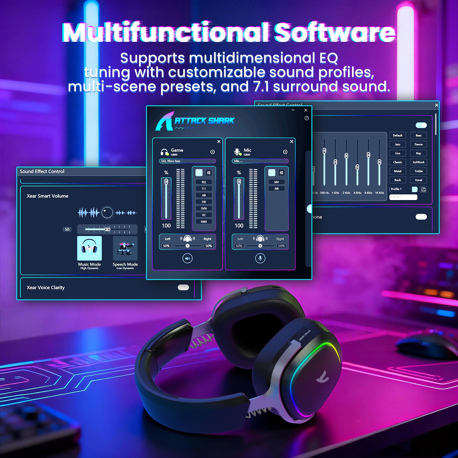 Attack Shark G800 wireless gaming headset with customizable software interface showing EQ and mic controls.