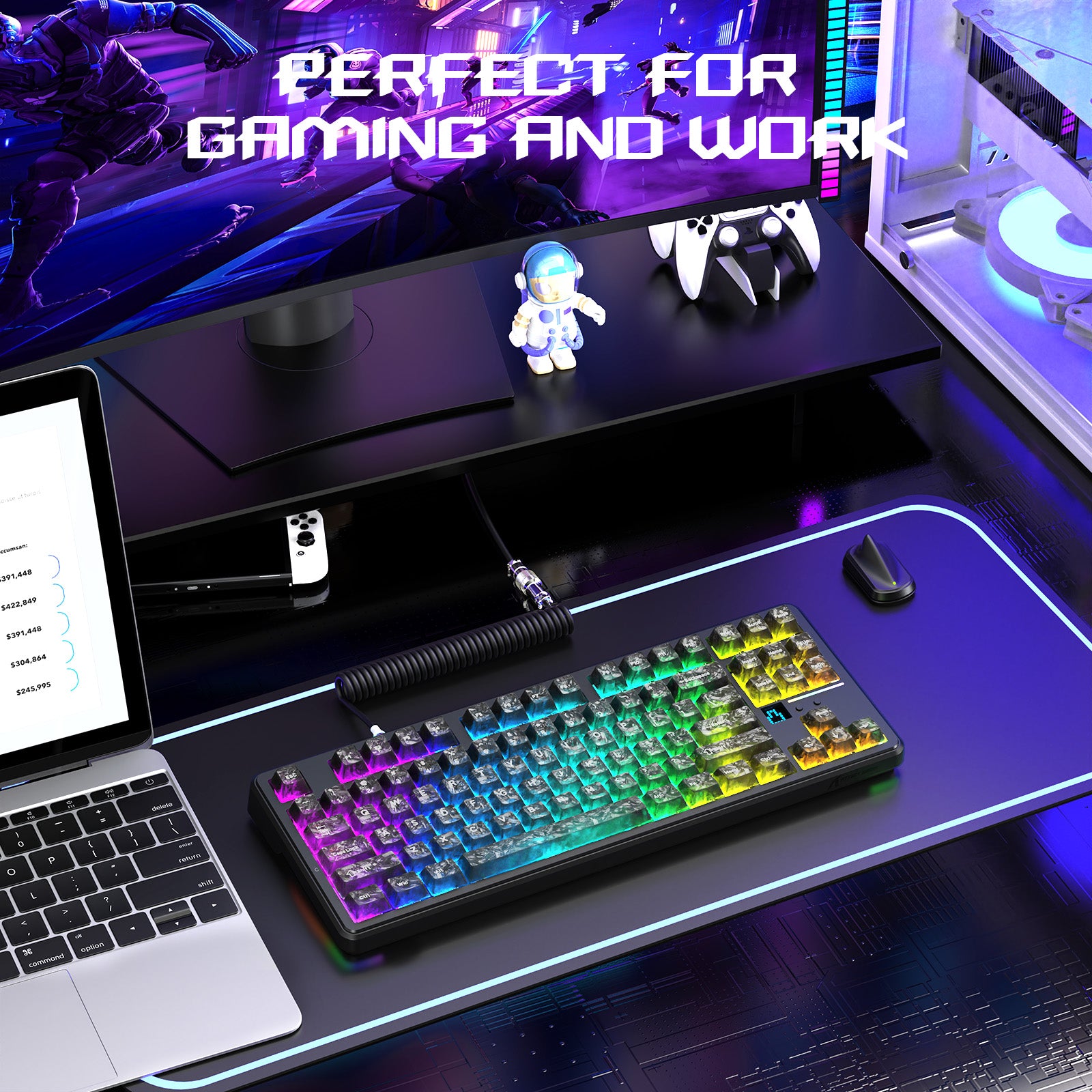 Teclado de juego inalámbrico ATTACK SHARK X87 ULTRA con receptor 8KHz y cable en espiral RGB