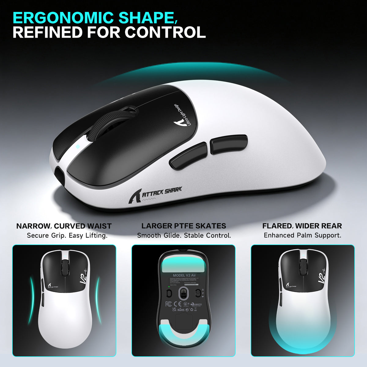 ATTACK SHARK V2 AIR PAW3955MAX Ratón inalámbrico ergonómico para gaming