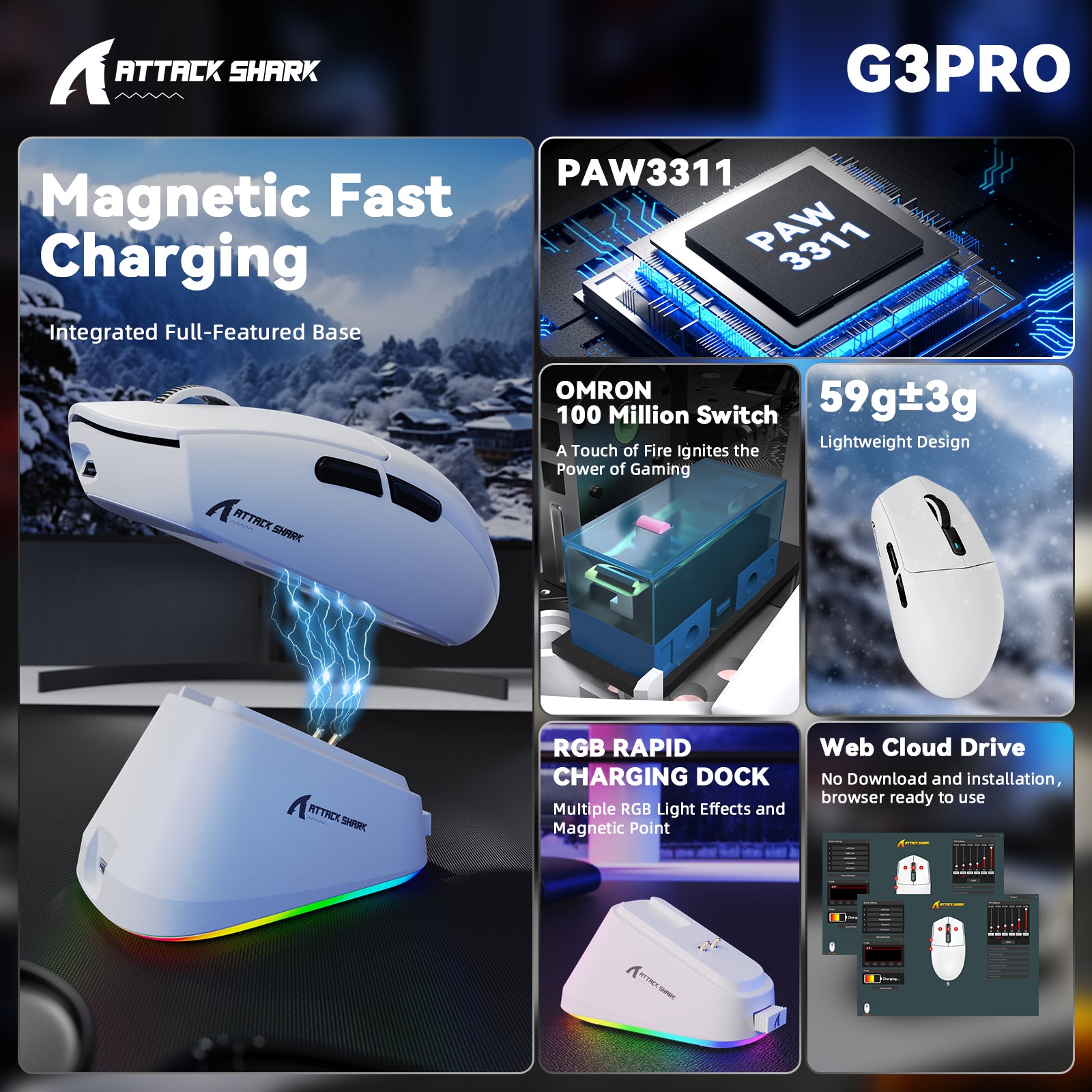 Ratón inalámbrico para juegos ATTACK SHARK G3 PRO de triple modo con base de carga 25000 DPI Ultra ligero
