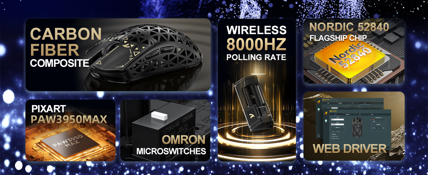Ratón para juegos inalámbrico ATTACK SHARK R5 ULTRA de fibra de carbono 8K PAW3950MAX con cable en espiral 8K