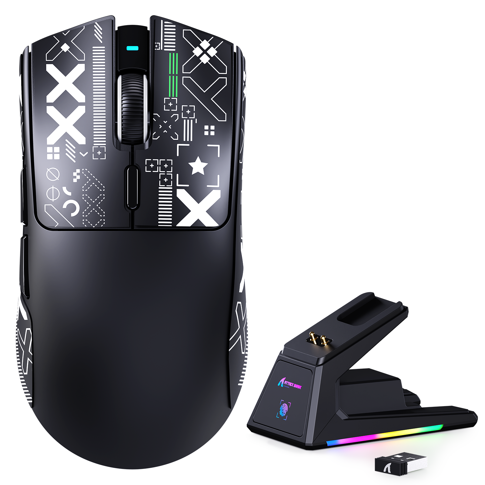 Ratón para juegos tri-modo ATTACK SHARK X1 con touchpad, base de carga RGB, sensor PAW3395PRO