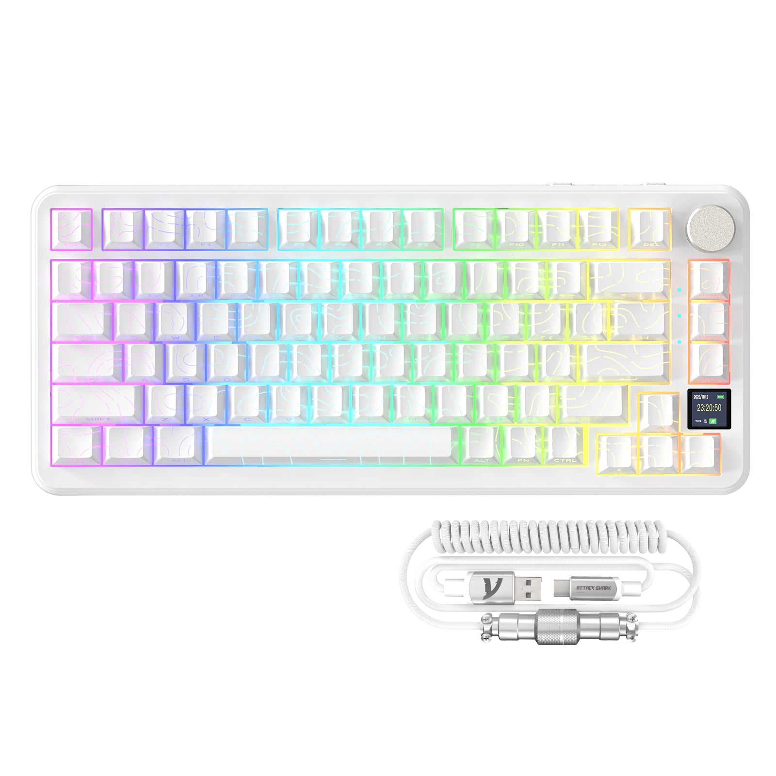 ATTACK SHARK X85PRO mechanical keyboard with RGB lighting, display, knob and coiled cable