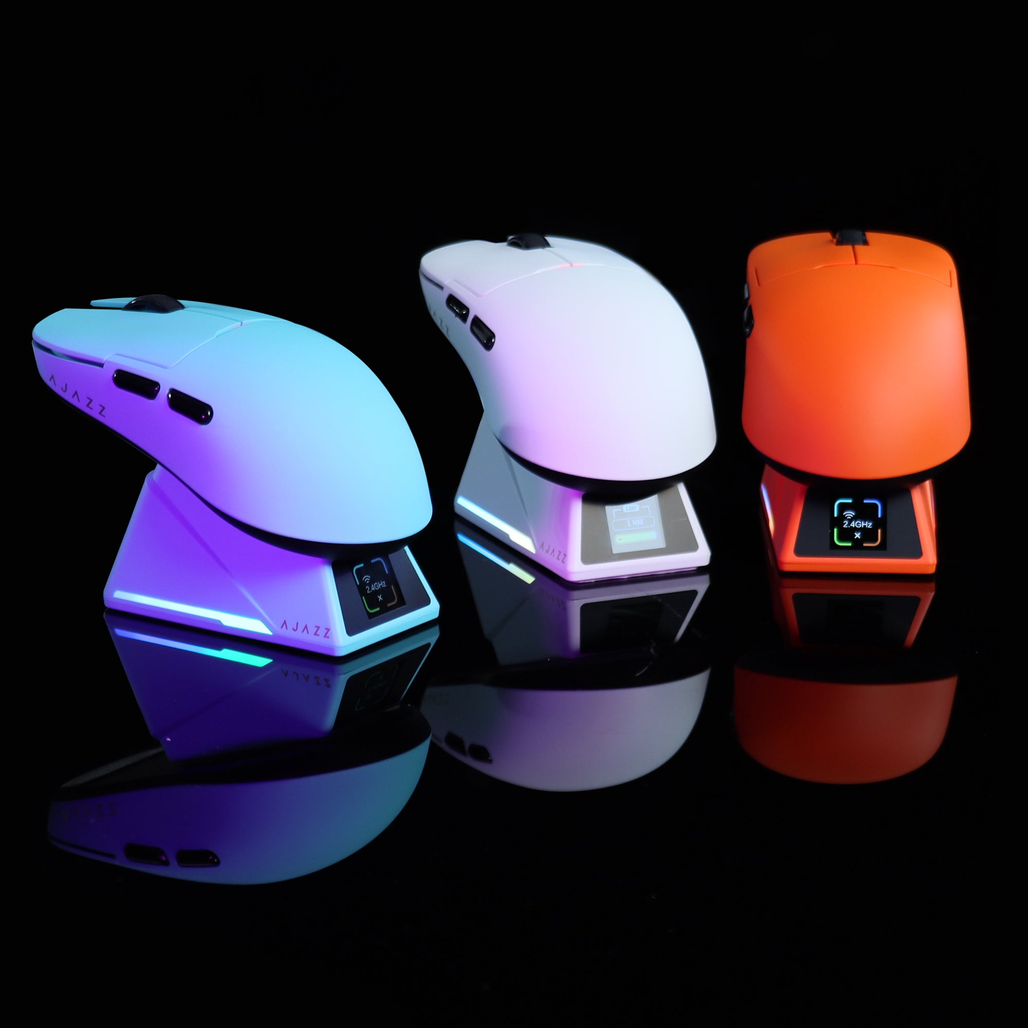 ATTACK SHARK x AJAZZ AJ159 APEX gaming mouse in blue, white, and orange with charging docks